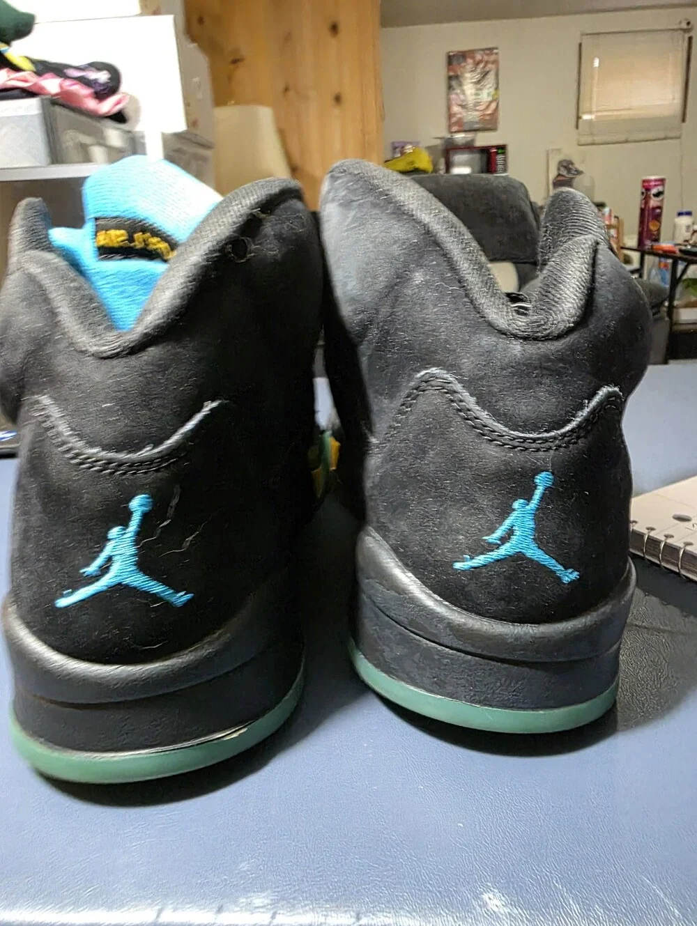 Air Jordan 5 Aqua Black Suede Low Sneakers with Blue Accents Size 10.5m